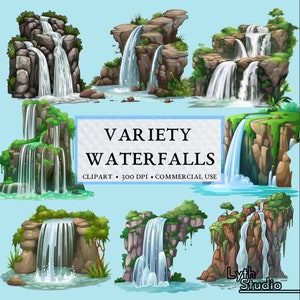 Variety Waterfall Clipart - cartoony/realistic waterfalls, PNG format instant download commercial use