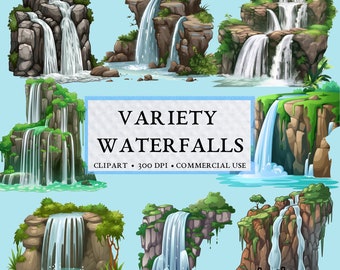 Variedad de imágenes prediseñadas de cascada - cascadas de dibujos animados/realistas, uso comercial de descarga instantánea en formato PNG
