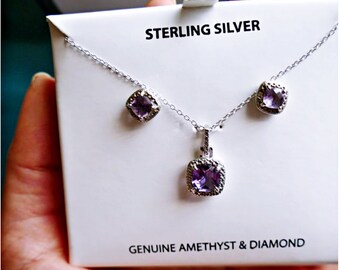 Orecchini in argento sterling con ametista e diamanti, segno zodiacale dell'Acquario