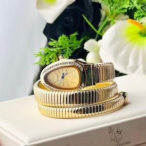 Snake Watch for Women – Double Circle with Shiny Stones, Luxury Stainless Steel Wristwatch, Water-Resistant, Gift Box Included