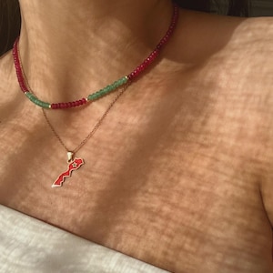 Collier carte du Maroc - Rouge avec perles de cristal et chaîne en acier inoxydable, fait main