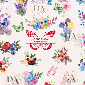 Watercolor Floral Butterfly Clipart | 20 High Quality transparent png for Commercial Use | Floral Butterflies | Instant Digital Download