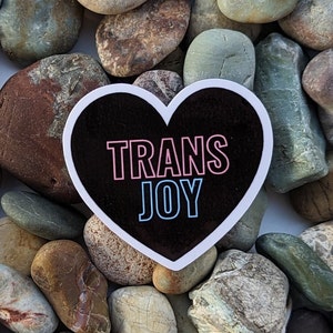 May include: A black heart-shaped sticker with the words "TRANS JOY" in pink and blue outlined text.