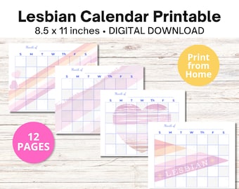 12-month Lesbian Calendar Printable, Blank Calendar Template, Queer Printable Calendar, 12 Different Lesbian Flag Designs, PDF