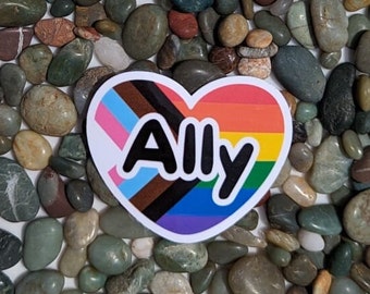 Ally Progress Flag Heart Sticker | Water Resistant | Love Wins Vinyl Water Bottle Sticker | LGBT Pride | Laptop Decal | LGBTQ Owned