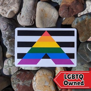 May include: A white sticker with a black and white striped background and a rainbow triangle in the center. The text "LGBTQ Owned" is on a red background.