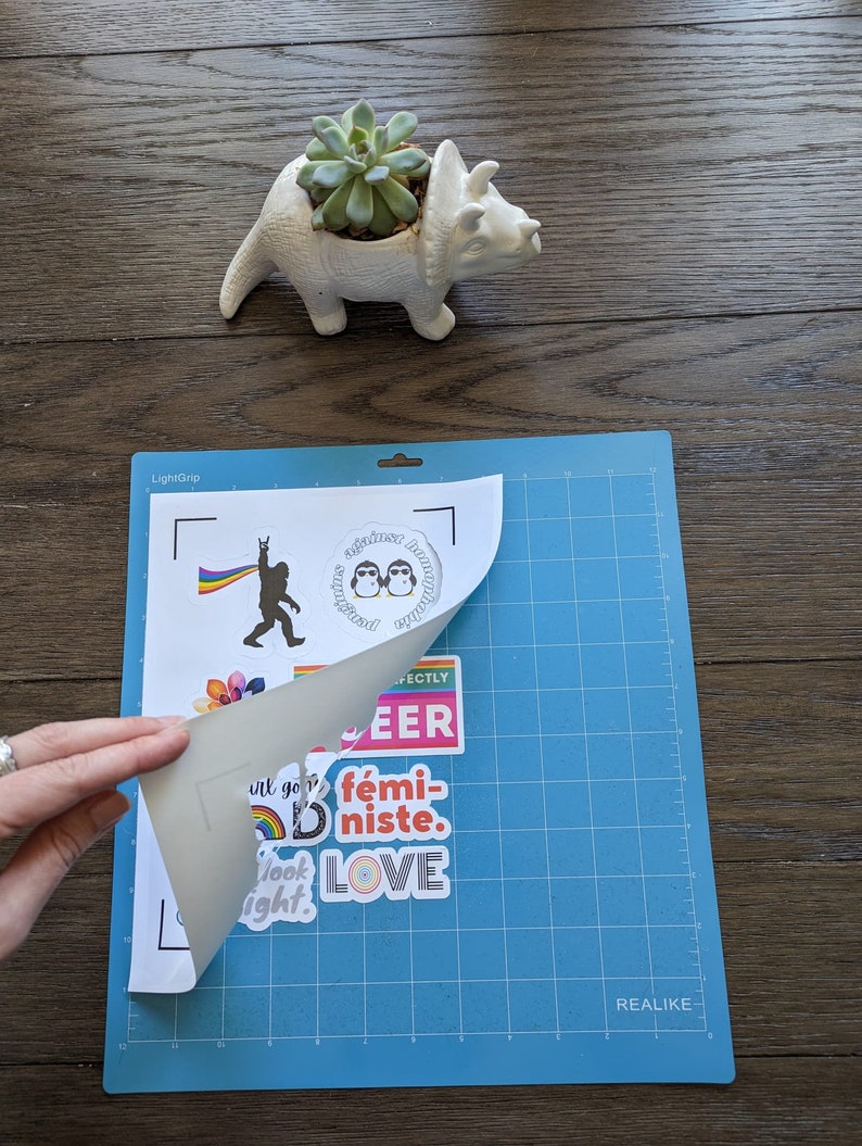 May include: A sheet of white paper with several colorful stickers on it. The stickers feature various designs, including a rainbow, a llama, a pair of penguins, and the words "Perfectly Queer", "f&eacute;ministe", and "LOVE". The paper is being peeled off of a blue cutting mat.