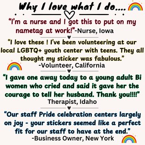 May include: A collage of text with rainbow accents. The text reads: "Why I love what I do..." and includes quotes from people who have used the product. The quotes highlight the positive impact the product has had on people's lives.