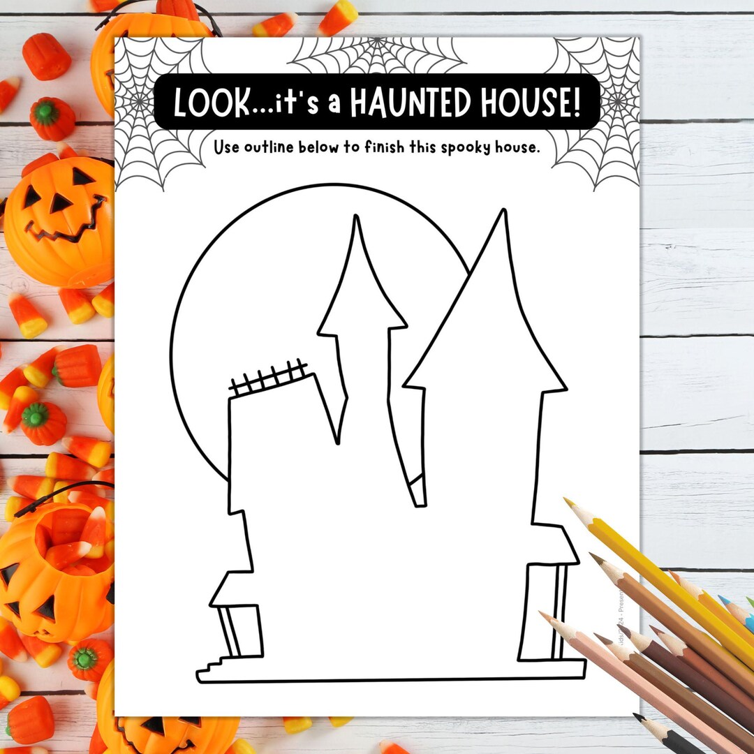 Haunted House Drawing Prompt Outline Activity, Halloween Handout Art ...