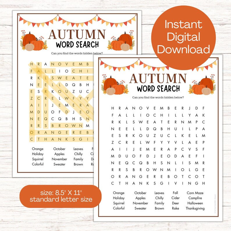 Autumn Fall Word Search Printable, Digital Download Activity Game ...