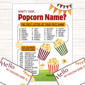 What's Your Popcorn Name Game, Birthday Party Game Activity, Name Tags, Movie Night Fun, Printable, Digital Download, Party Favors  - TT045