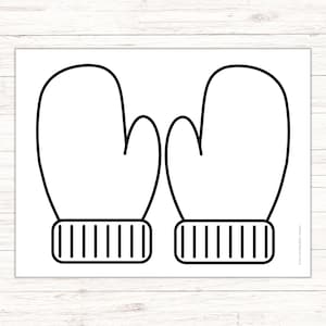 May include: Black and white illustration of two mittens. The mittens are outlined in black, with a ribbed cuff design at the wrist. The image is on a white background.
