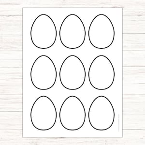 May include: A white sheet of paper with nine black outline egg shapes arranged in three rows of three. The eggs are evenly spaced and have a simple, clean design, perfect for crafting or decoration.