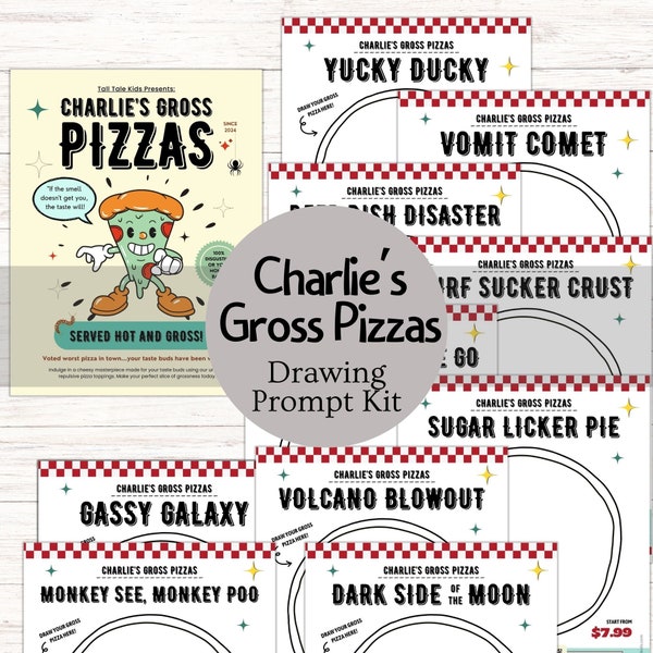 Charlie's Gross Pizza, Drawing Prompt Kit, Funny Humor Children's Activity, Happy Birthday Party Supply, Art Project Worksheets - TT031