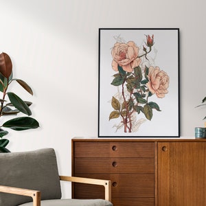 Botanical Rose Prints, Gallery Wall Set of 4, Floral Poster, Vintage Botanical prints, Antique Botanical Prints, Rustic Botanical Wall Art