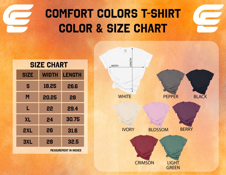 The image is a color and size chart for t-shirt designs, displaying various t-shirt styles and their corresponding measurements.