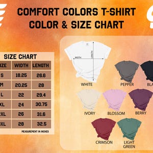 The image is a color and size chart for t-shirt designs, displaying various t-shirt styles and their corresponding measurements.