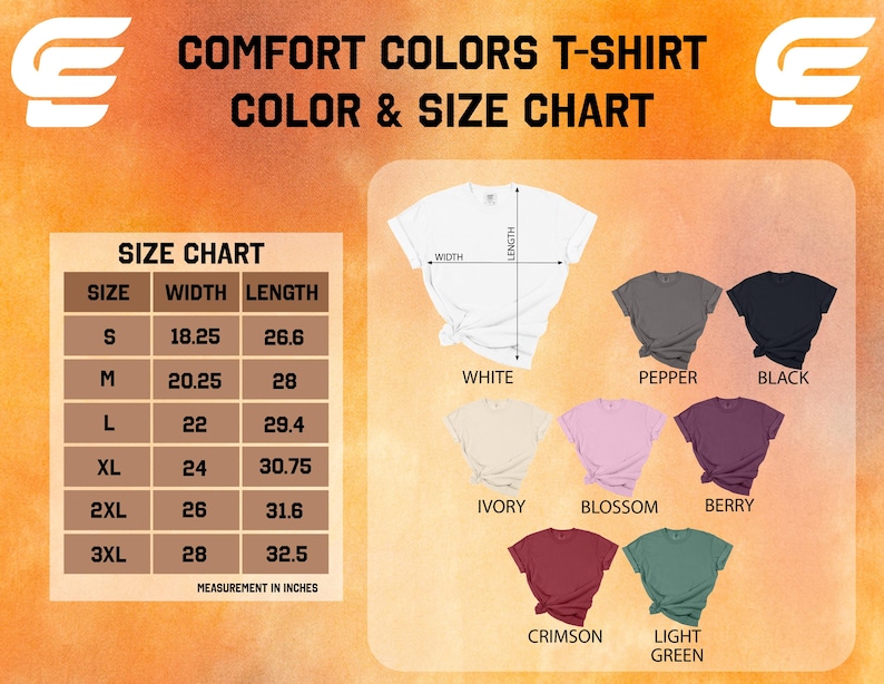 The image is a color and size chart for t-shirt designs, displaying various t-shirt styles and their corresponding measurements.