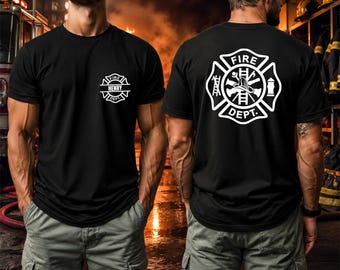 May include: A black short-sleeve t-shirt featuring a white graphic on the front left chest and a larger matching graphic on the back. The design is a Maltese cross emblem with the text FIRE DEPT and the name HENRY printed in the center.