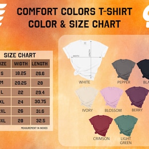 The image is a color and size chart for t-shirt designs, displaying various t-shirt styles and their corresponding measurements.