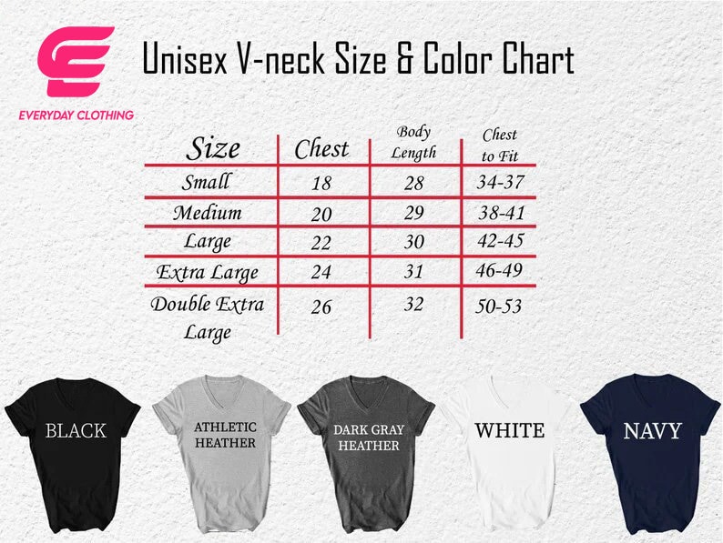May include: Unisex V-neck t-shirt size and colour chart. The chart shows sizes from small to double extra large with corresponding chest measurements in inches. The chart also shows body length and chest to fit measurements. The chart is displayed against a white background. Five t-shirts are shown below the chart in the colours black, athletic heather, dark grey heather, white, and navy.