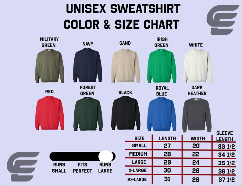 K&ouml;nnte beinhalten: Unisex-Sweatshirt Gr&ouml;&szlig;entabelle mit Farboptionen. Die Tabelle zeigt die Gr&ouml;&szlig;e, L&auml;nge, Breite und &Auml;rmell&auml;nge in Zoll f&uuml;r die Gr&ouml;&szlig;en S bis 2XL. Die Farben umfassen Milit&auml;rgr&uuml;n, Marine, Sand, Irischgr&uuml;n, Wei&szlig;, Rot, Waldgr&uuml;n, Schwarz, K&ouml;nigsblau und Dunkelgrau.