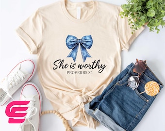She Is Worthy Coquette Shirt, Coquette Bow Shirt, Christian Sweatshirt, Christian Coquette Shirt, Girly Christian Shirt, Faith Shirt