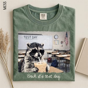 May include: Moss green t-shirt featuring a raccoon wearing sunglasses and drinking from a cup, with the text "Bruh it's test day." The image is set in a classroom with the words "TEST DAY" on the whiteboard.