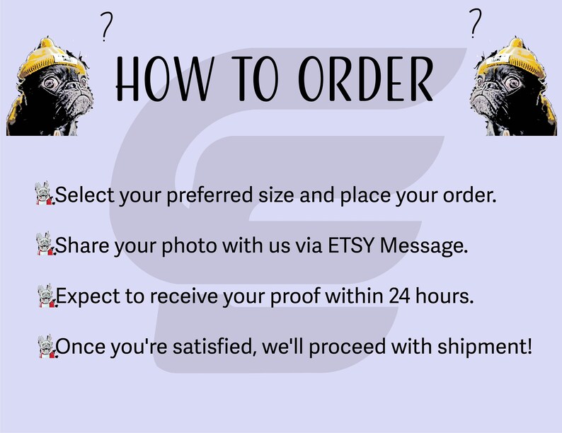 K&ouml;nnte beinhalten: Eine Grafik mit einem Cartoon-Mops, der einen gelben Helm tr&auml;gt, und dem Text "HOW TO ORDER". Die Grafik listet vier Schritte f&uuml;r die Bestellung eines individuellen Portr&auml;ts auf: 1. W&auml;hlen Sie Ihre bevorzugte Gr&ouml;&szlig;e und geben Sie Ihre Bestellung auf. 2. Teilen Sie Ihr Foto &uuml;ber die ETSY-Nachricht mit uns. 3. Erwarten Sie, dass Sie Ihren Entwurf innerhalb von 24 Stunden erhalten. 4. Sobald Sie zufrieden sind, werden wir mit dem Versand fortfahren!