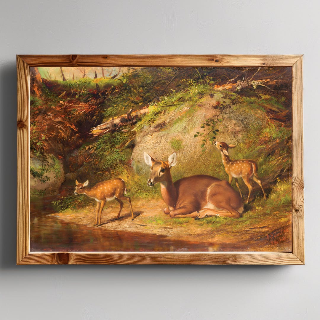Vintage Deer Family Art Print, Doe and Fawns in Forest Landscape - Etsy