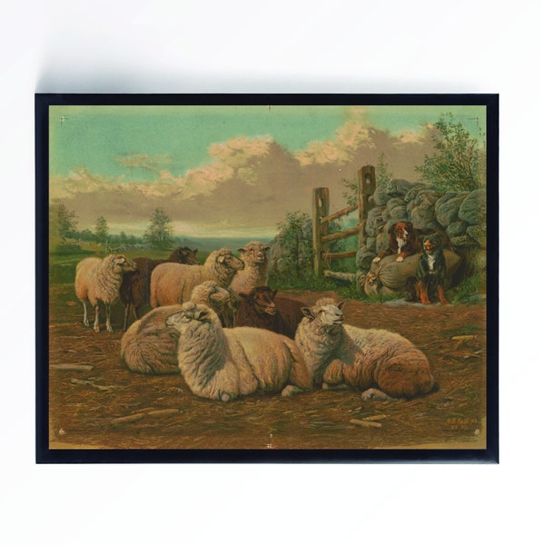 Dogs watching over sheep printable vintage painting. Home decor wall hanging animal lover picture for kids room nursery playroom or hallway.