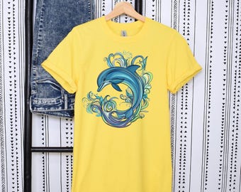Koszulka z delfinem w stylu secesyjnym. Koszulka z motywem oceanicznego zwierzęcia. Uniwersalna, codzienna odzież. Rozmiary S-3XL.