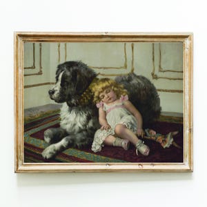 Vintage Painting of a Young Girl Sleeping by St Bernard Dog. Printable home decor wall hanging picture. Child and loyal dog art print.