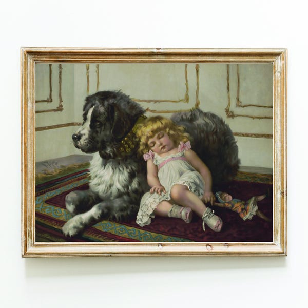 Lámina vintage de perro San Bernardo: Niño durmiendo (descarga digital)