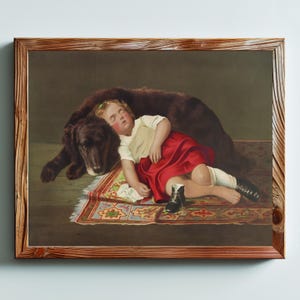 Vintage Child and Dog Painting. 19th century Art Print of Sleeping Child and Loyal Dog. Printable home decor wall hanging picture.