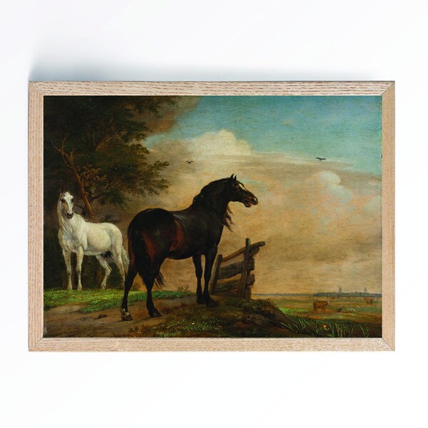 Two horses by trees in a meadow printable vintage landscape painting. Home decor wall hanging art picture for main living room or hallway.