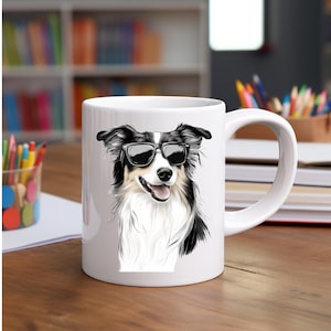 Cool Border Collie Mug - Dog wearing sunglasses Tea or Coffee Cup. 11oz White Ceramic Mug for Pet Animal Lover.