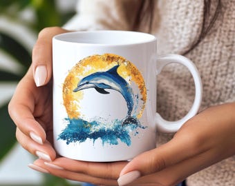 Joyful Dolphin Mug: Splash Art Ceramic Coffee Cup