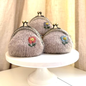 Hand Knit Embroidered Coin Purse | Wildflower Merino Wool Silk Mohair Bag