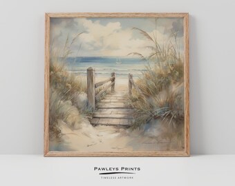 May include: A watercolor painting of a wooden walkway leading to a beach. The walkway is surrounded by tall grass and the ocean is visible in the background.