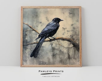 Blackbird Wall Art, Crow on Branch Print (Digital Download)