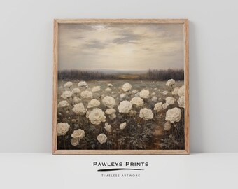 White Roses Field Landscape Art Print, Meadow Wall Decor (Digital Art)