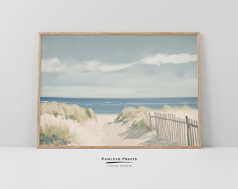May include: A framed painting of a beach scene with a wooden fence leading to the ocean. The sky is a light blue with white clouds. The sand is white and the water is blue. The painting is in a wooden frame.