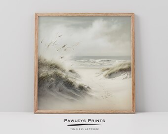 May include: A framed painting of a beach scene with tall grass blowing in the wind, a sandy path leading to the ocean, and a cloudy sky.