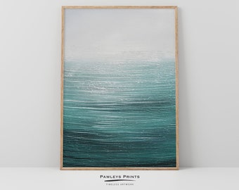 Abstract Coastal Landscape Art Print, Teal Ocean Painting (Digital Download)