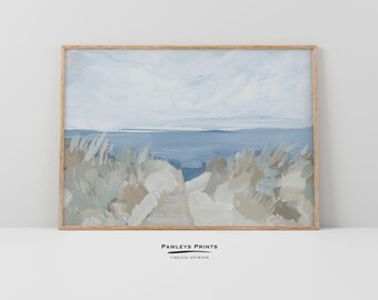 May include: A framed abstract painting of a beach scene with a path leading to the ocean. The painting is in shades of blue, green, and brown. The text "Pawleys Prints Timeless Artwork" is at the bottom of the image.