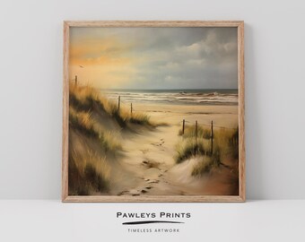 May include: A framed painting of a seascape with a path leading through sand dunes to the beach. The sky is a mix of blue and orange, with clouds in the distance. The water is a light blue, with waves crashing on the shore. The sand is a light brown, with footprints leading to the beach.