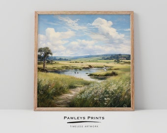 Meadow Landscape Print, Spring Flowers, River Wall Art (Digital Print)