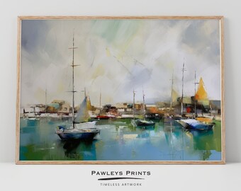 Harbor Boats Art Print, Coastal Dock Scene (Digital Download)