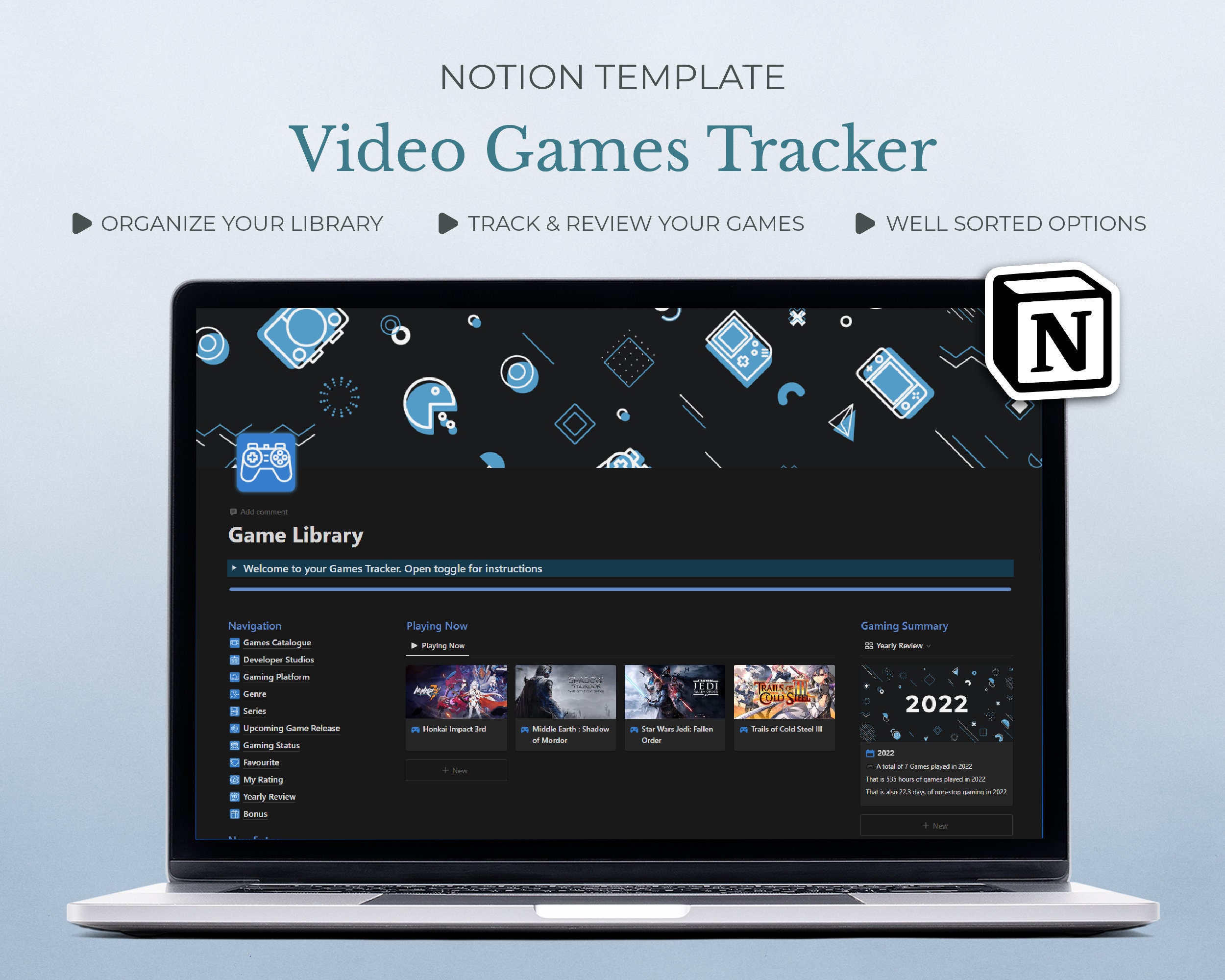 Game Tracker Notion Template Dark View, Video Game Notebook, Game